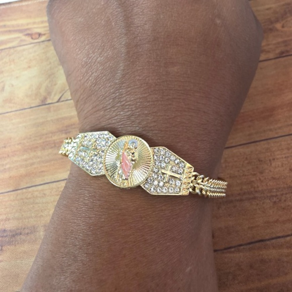 18K Gold-Filled Religious Charm Bracelet Rhinestone Jewelry Women